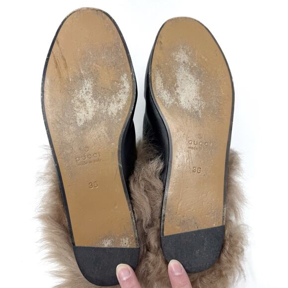 GUCCI Princetown Black Leather Fur Lined Loafer Mule with Bronze Horse Bit 37 - Picture 6 of 8